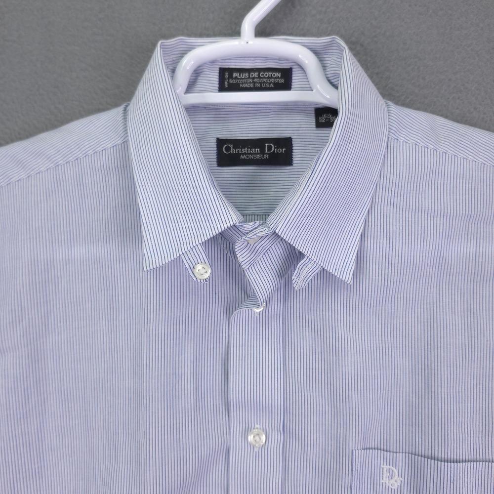 Vintage Christian Dior Monsieur Button Down Shirt Striped Blue 16.5 Cotton - Picture 3 of 9